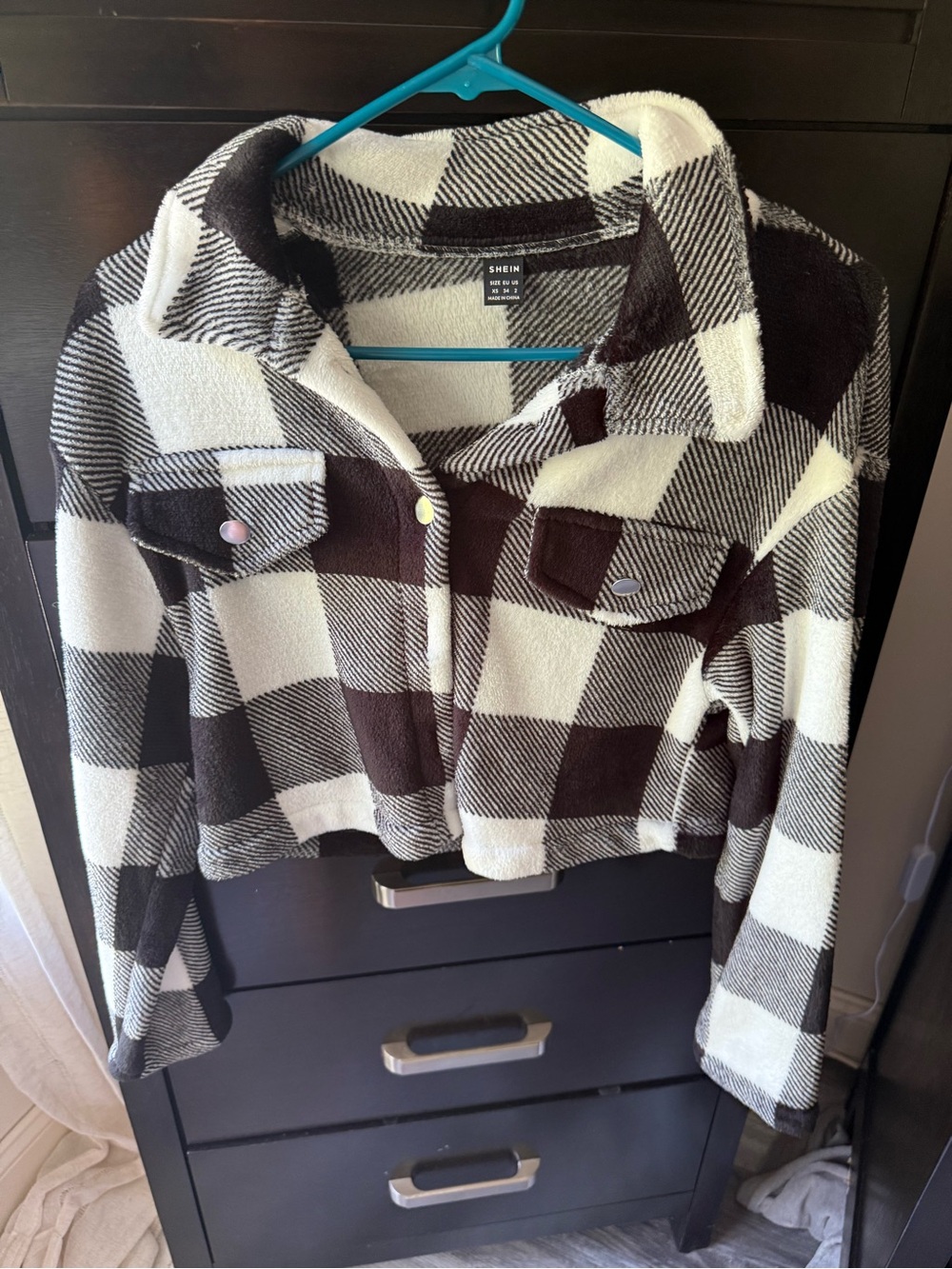 SHEIN Black & White Plaid Cropped Shacket